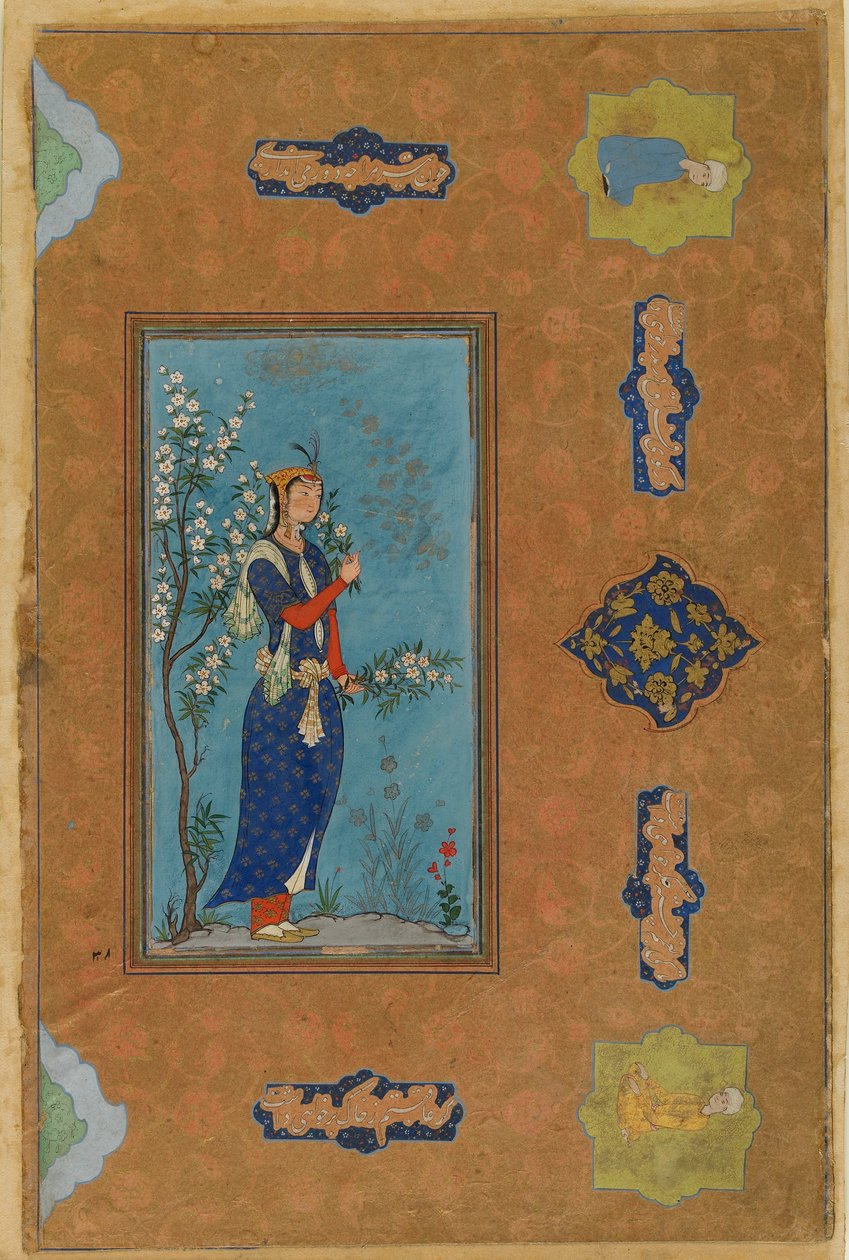 Kobieta z bukietem kwiatów, okres Safawidów, ok. 1575 (toaleta i złoto na papierze) autorstwa Persian School