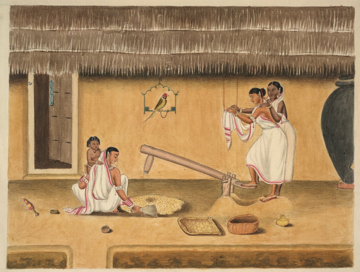 Kobiety łuskające paddy z dhenki, ok. 1840 (akwarela na papierze) autorstwa Persian School