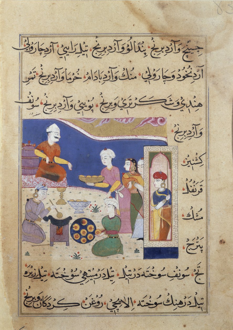 f.83v Przygotowanie słodyczy dla sułtana Mandu, z rękopisu o kuchni indyjskiej (welum) autorstwa Persian School