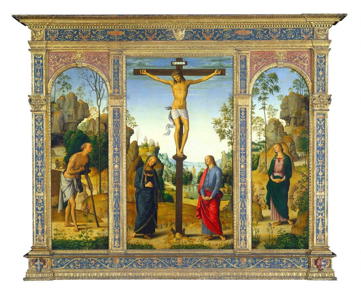 Ukrzyżowanie z Dziewicą, Św. Janem, Św. Hieronima i Św. 14821485. autorstwa Perugino