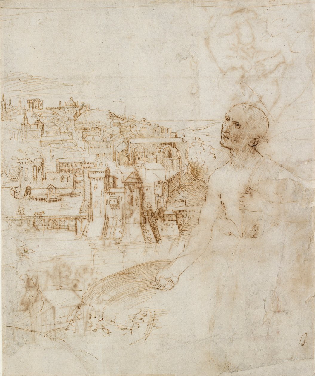Widok miasta Perugia, na pierwszym planie skruszony św. Hieronima, 1500-1504 autorstwa Perugino