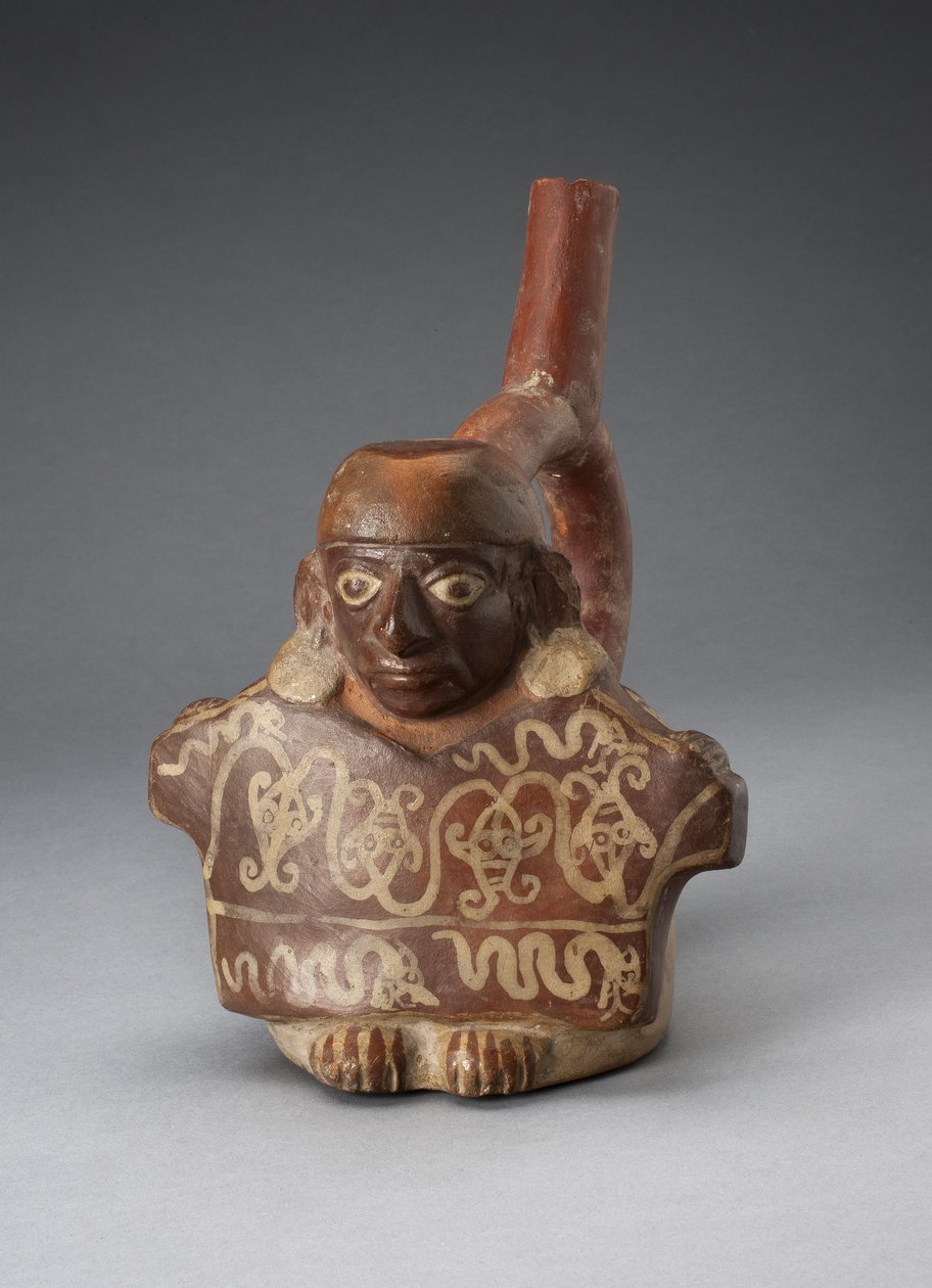 Naczynie z dziobkiem ze strzemionami przedstawiające mężczyznę trzymającego zdobiony materiał tekstylny, 100 BC-AD 500 autorstwa Peruvian School
