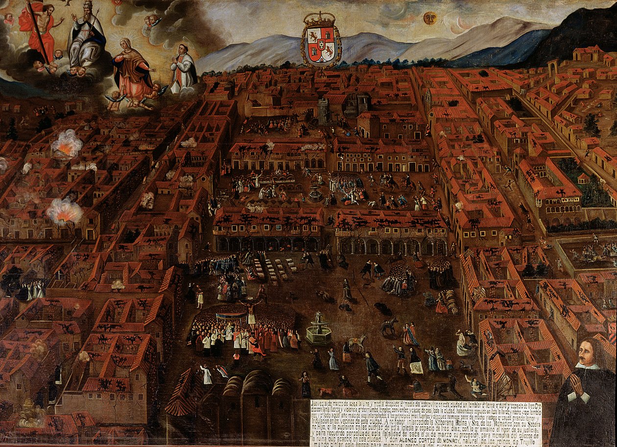 Widok Cuzco w czasie trzęsienia ziemi z 1650 autorstwa Peruvian School