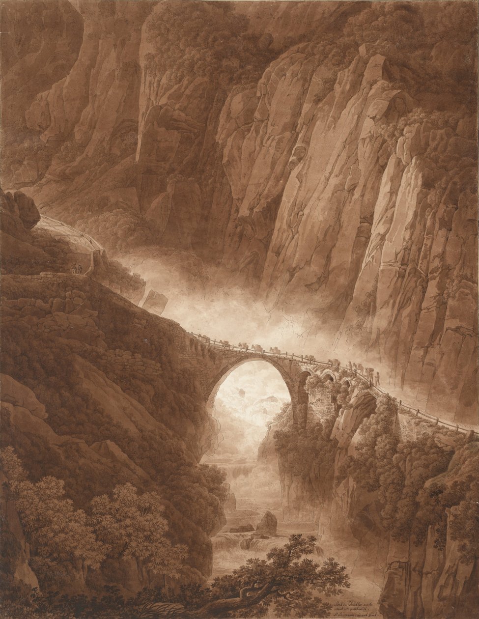 Diabelski most w wąwozie Schöllenen na drodze przez przełęcz św. Gotarda z mułem, przed 1805 autorstwa Peter Birmann