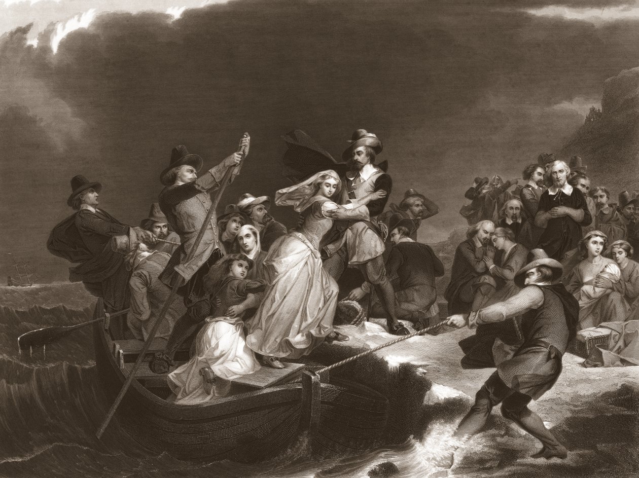 Pielgrzymi lądują w Plymouth Rock w 1620, wyd. 1869 autorstwa Peter Frederick Rothermel