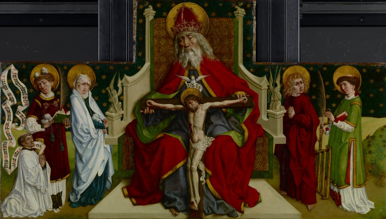 Trójca z Dziewicą, św. Jan Ewangelista, Szczepan i Wawrzyniec oraz darczyńca, 1479 autorstwa Peter Hemmel