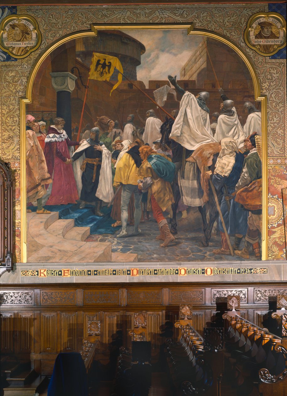 Cesarz Fryderyk II zezwalający Krzyżakom na najazd na Prusy w 1236, 1903 autorstwa Peter Johann Theodor Janssen