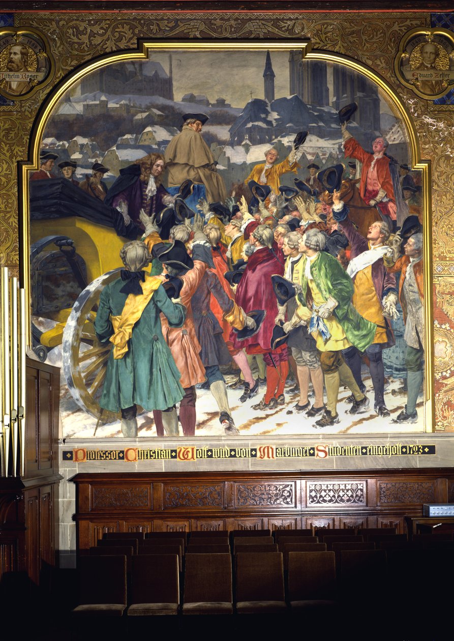 Studenci otaczający profesora Christiana Wolffa po jego przybyciu do Marburga w 1723, 1903 autorstwa Peter Johann Theodor Janssen