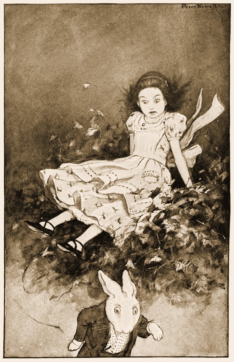 Wpadła na stertę suchych liści, ilustracja do Przygód Lewisa Carrolla w Krainie Czarów, 1901 autorstwa Peter Newell