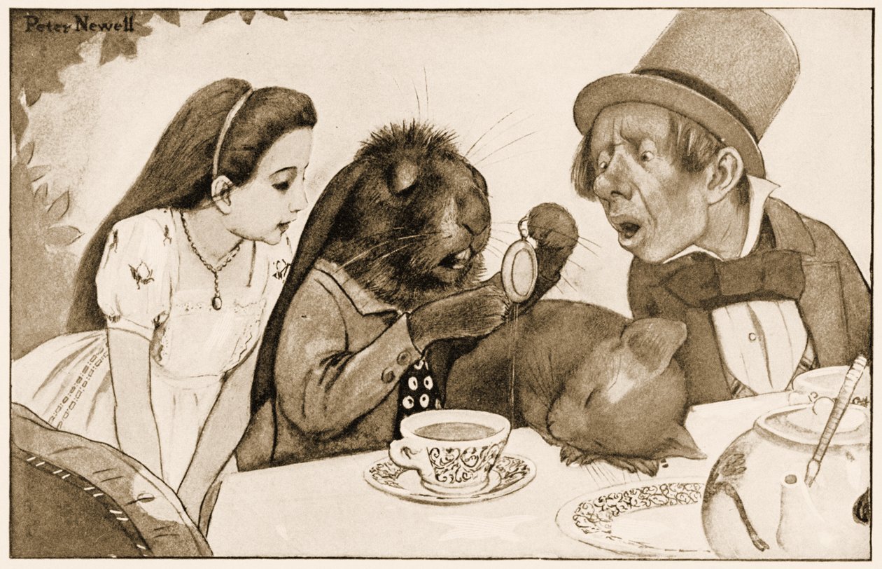 „Zanurzył go w filiżance herbaty i spojrzał na nią ponownie”, ilustracja do filmu „Alicja w krainie czarów” Lewisa Carrolla, 1901 autorstwa Peter Newell
