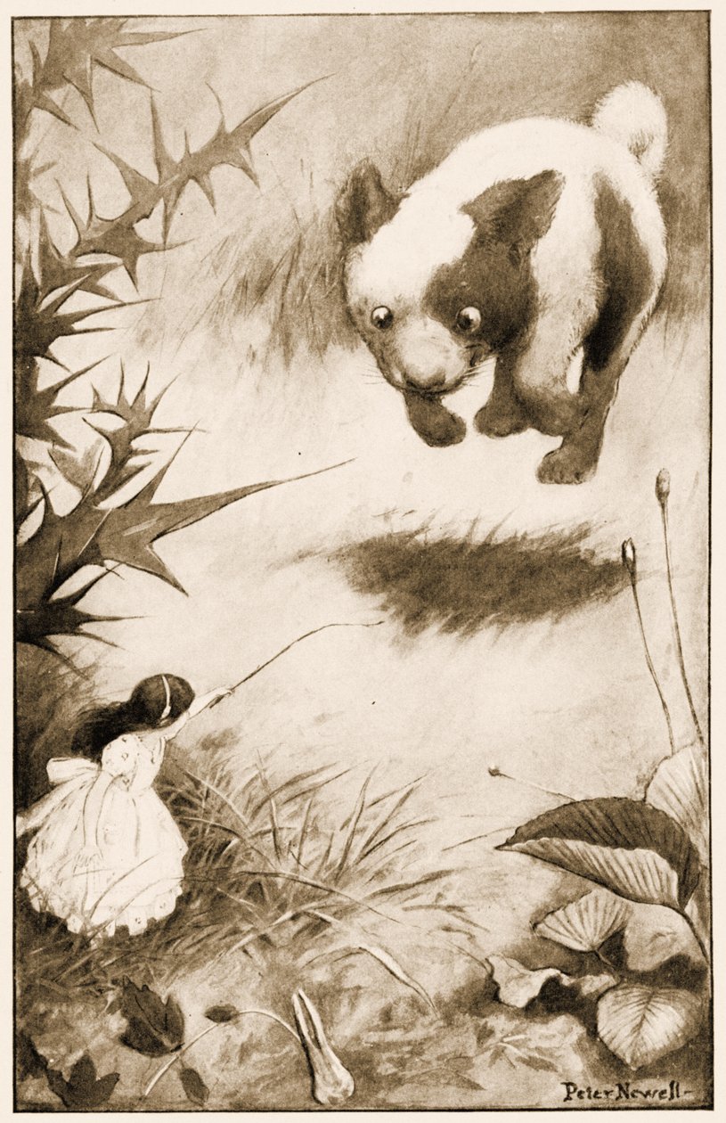 Szczeniak wyskoczył w powietrze, ilustracja do książki Lewisa Carrollsa Przygody w krainie czarów, 1901 autorstwa Peter Newell