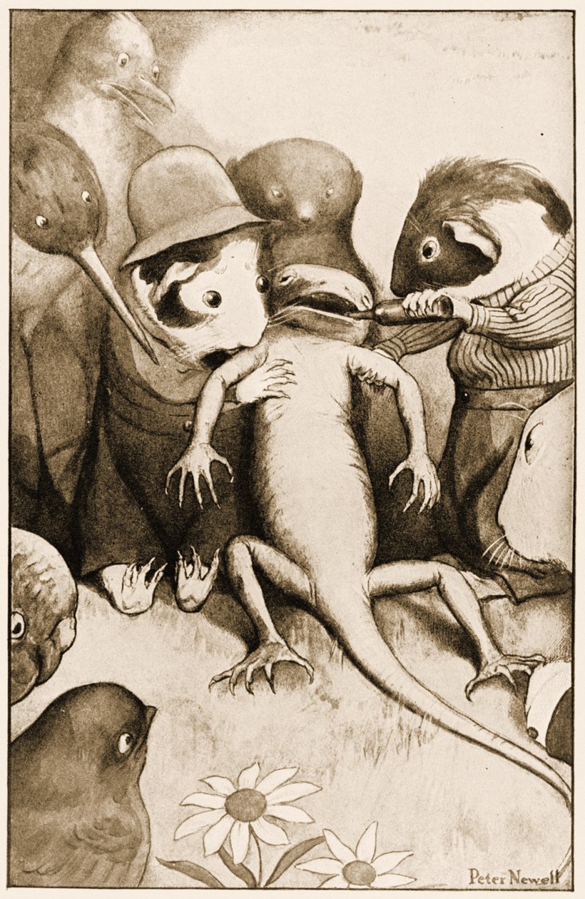 Biedna mała jaszczurka Bill była w środku podtrzymywana, ilustracja do Lewis Carrolls Alices Adventures in Wonderland, 1901 autorstwa Peter Newell
