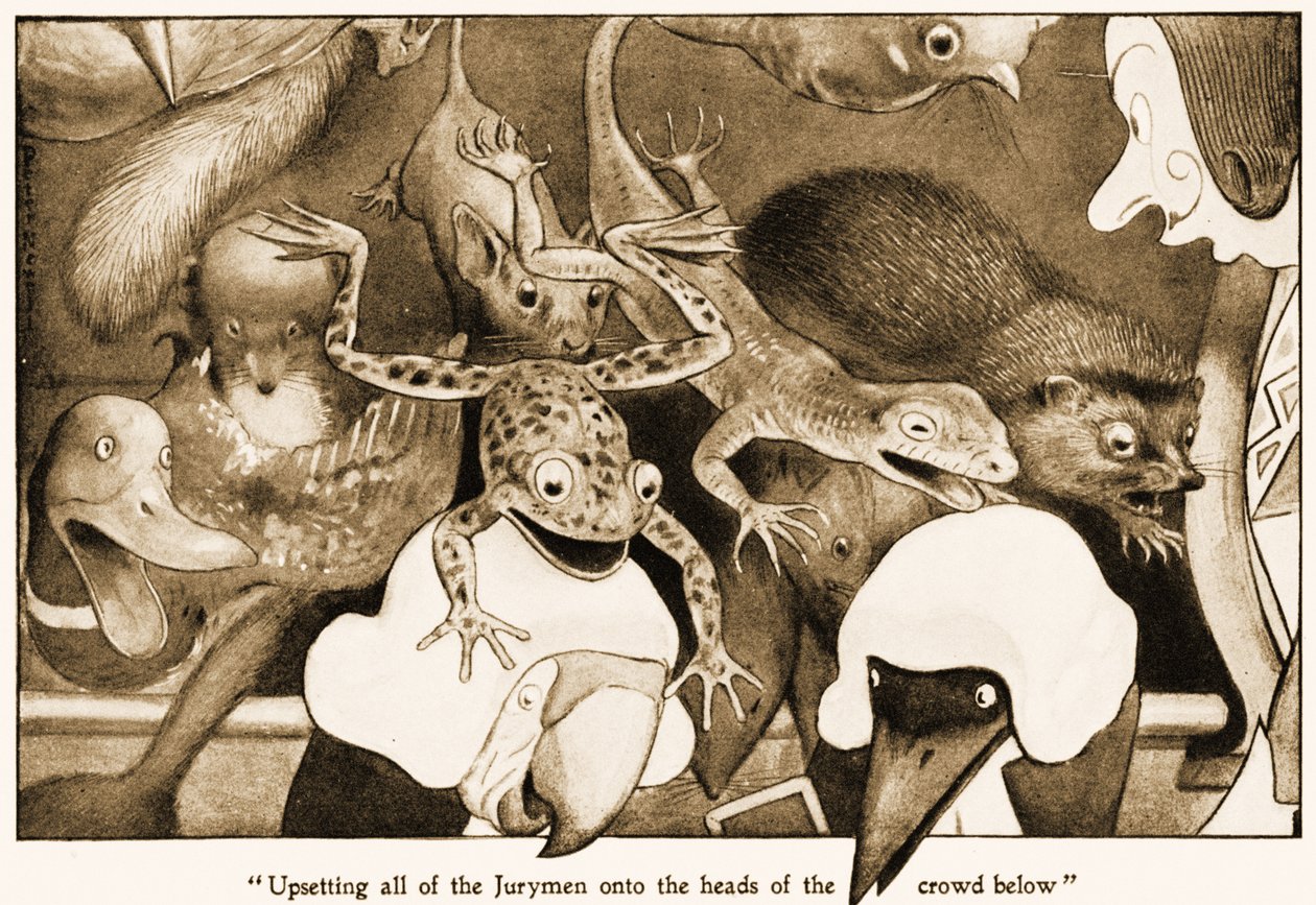 Zepchnięcie wszystkich ławników na głowy tłumu poniżej, ilustracja do książki Lewisa Carrolla Przygody w krainie czarów, 1901 r. autorstwa Peter Newell