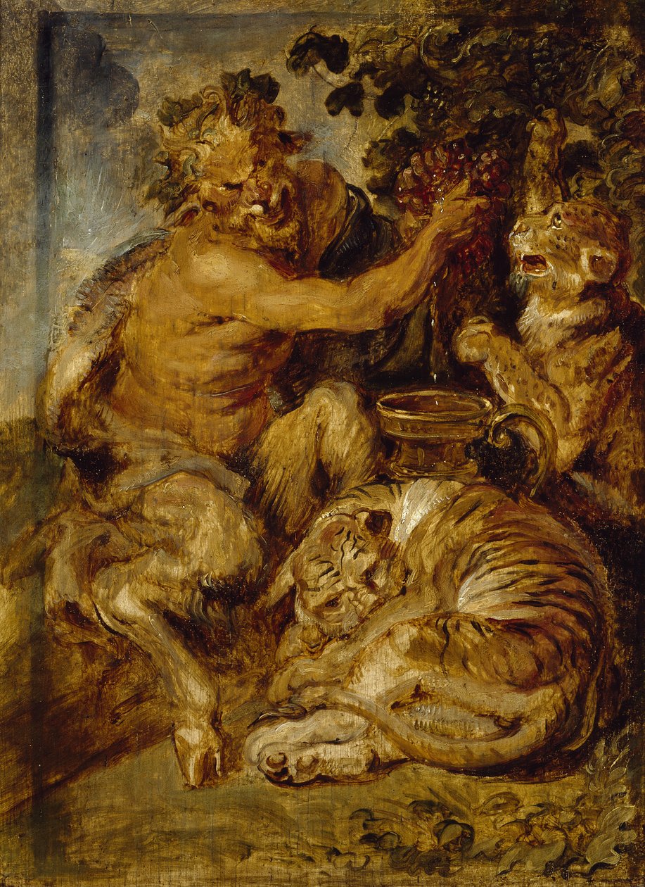 Satyr tłoczący winogrona z tygrysem i lampartem, ok. 1618 r autorstwa Peter Paul Rubens