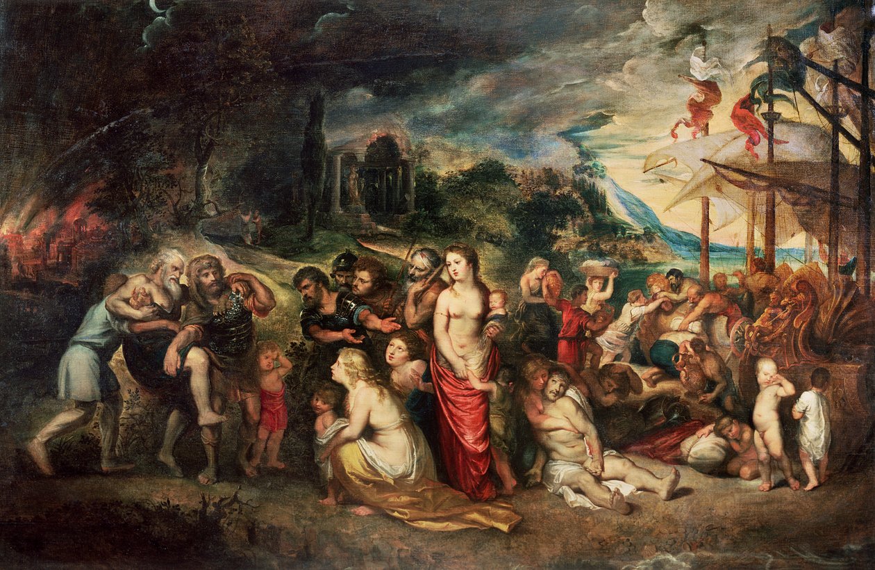 Eneasz przygotowuje się do poprowadzenia trojanów na wygnanie, ok. 1602 r. autorstwa Peter Paul Rubens