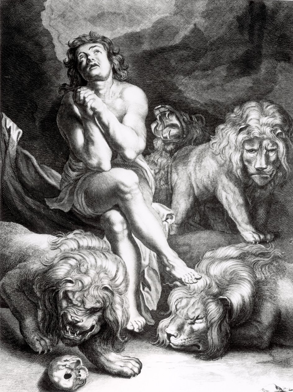 Daniel w lwiej jamie, ryty przez Abrahama Blootelinga (1640-90) autorstwa Peter Paul Rubens