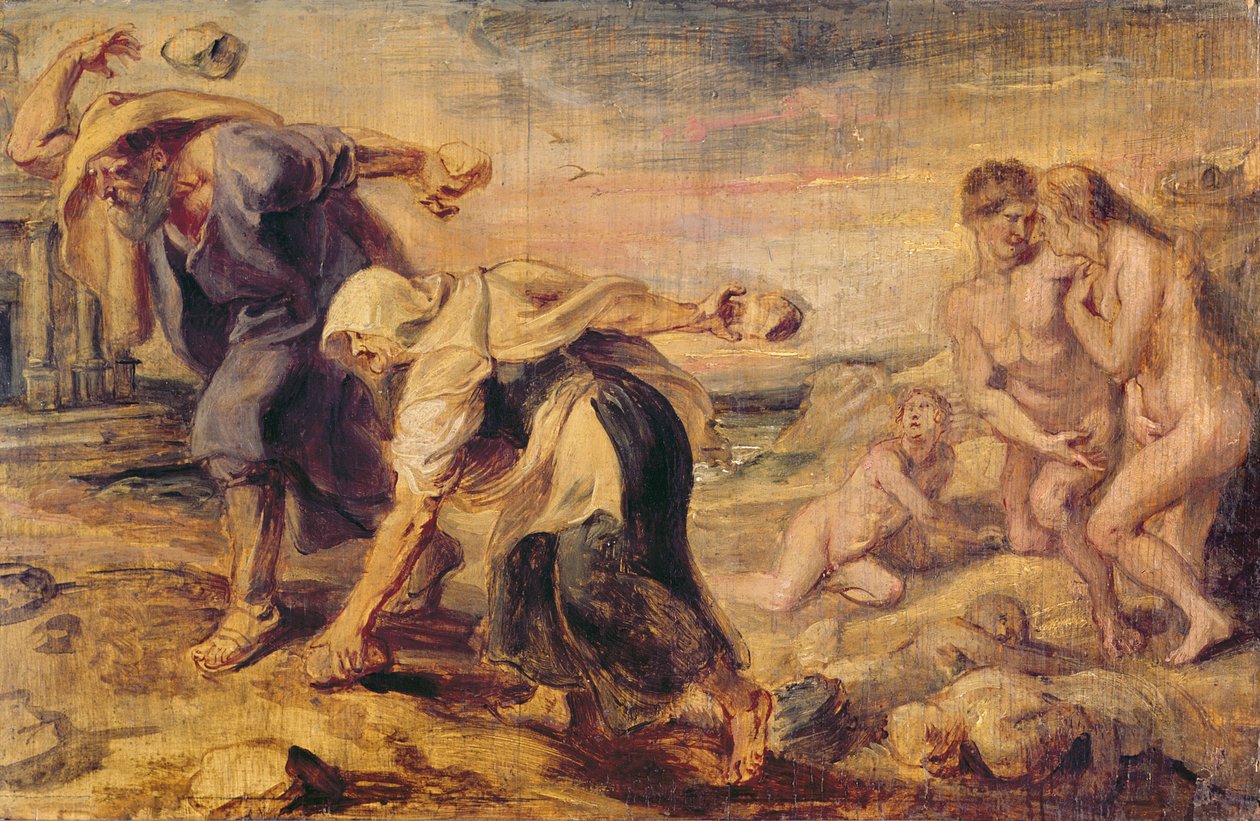 Deucalion i Pyrrha zaludniają świat przez rzucanie kamieniami za nimi, ok. 1636 autorstwa Peter Paul Rubens