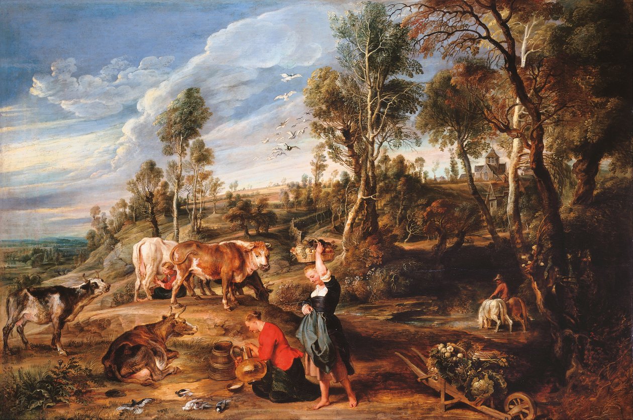 Dojarki z bydłem w krajobrazie, Farma w Laken autorstwa Peter Paul Rubens