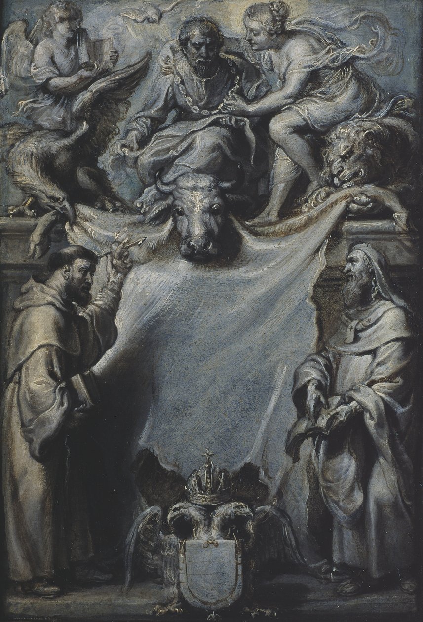 Wzór strony tytułowej do Corderiuss Commentaries on St Luke, 1628 (olej na papierze na płótnie) autorstwa Peter Paul Rubens