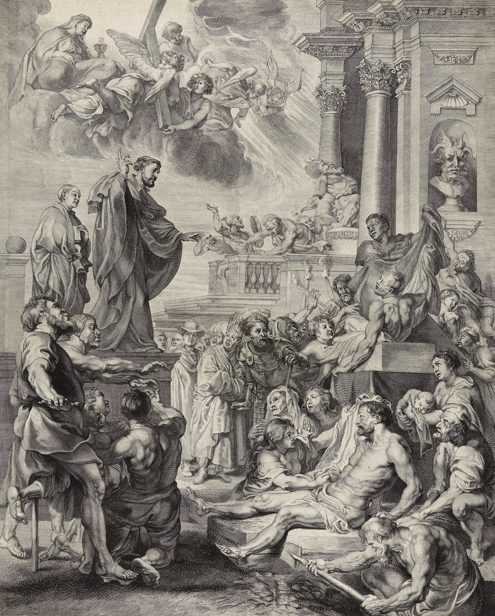 Cud św. Franciszka Ksawerego; Św. Franciszek Ksawery Reanimacja Zmarłego (rycina na papierze wykładanym) autorstwa Peter Paul after Rubens