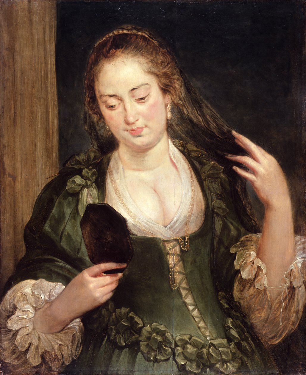 Dziewczyna z lustrem (olej na dębie) autorstwa Follower of Peter Paul Rubens