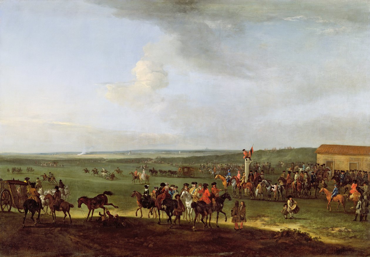 Okrągły tor w Newmarket, Przygotowanie do królewskiego talerza, ok. 1725 autorstwa Peter Tillemans