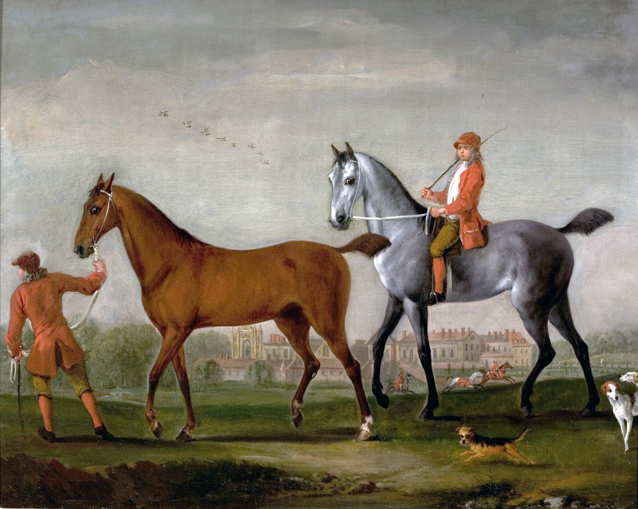 Dwa konie wyścigowe z stajennymi i psami w parku w Newstead Abbey, Nottinghamshire, 1724 autorstwa Peter Tillemans