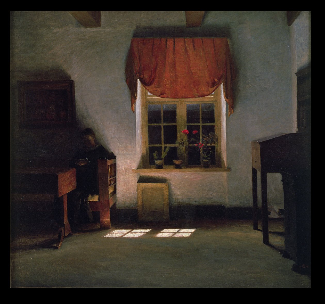 Kobieta czytająca w nasłonecznionym wnętrzu autorstwa Peter Vilhelm Ilsted