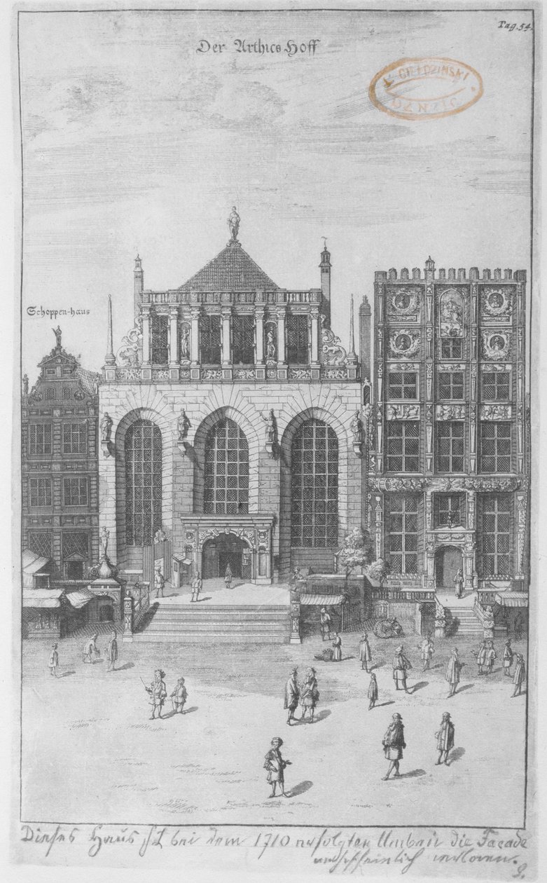 Dwór Artusa, 1687 (akwaforta na bibule) autorstwa Peter Willer