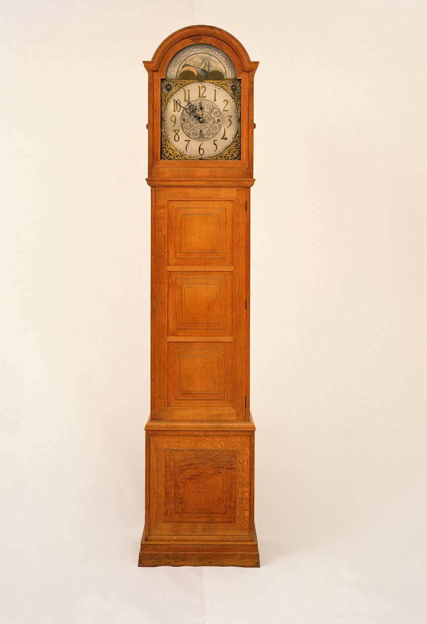 Zegar Longcase zaprojektowany przez Petera Waalsa (1870-1937), z panelami Normana Jewsona (1884-1975), mechanizm zegarowy W.E. Evans, Birmingham, 1931 (dąb, mosiądz i emalia) autorstwa Peter van der Waals