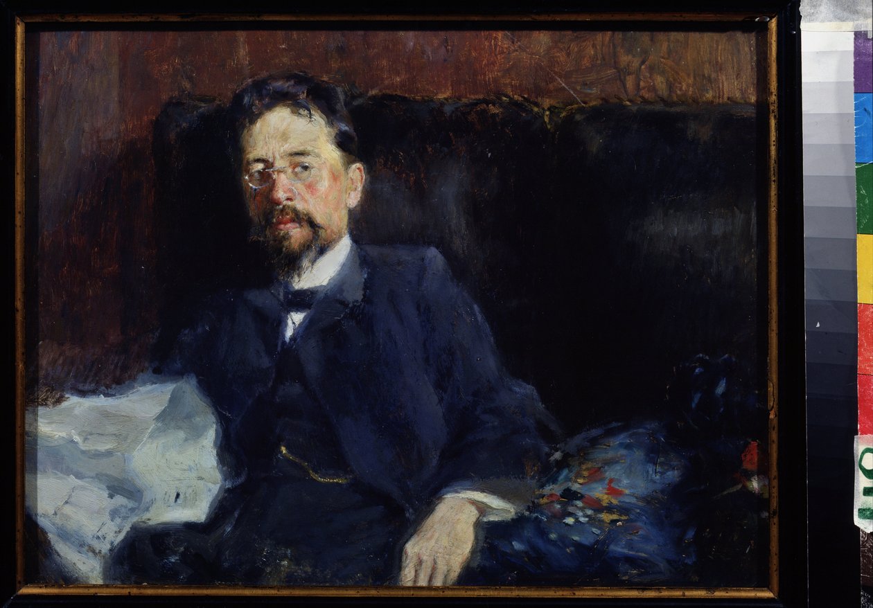 Portret pisarza Antona Czechowa (1860-1904) (Portret autora A. Czechowa). Malarstwo Piotra Aleksandrowicza Nilusa (Pierre Nilous) (Nilouss) (1869-1940/1943), olej na płótnie autorstwa Peter Alexandrovich Nilus
