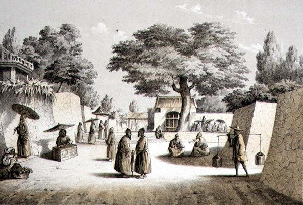 Ulica w Napha, Lew Chew, grawerowane przez T. Sinclaira (przyciemniane lito) autorstwa Peter Bernhard Wilhelm (after) Heine