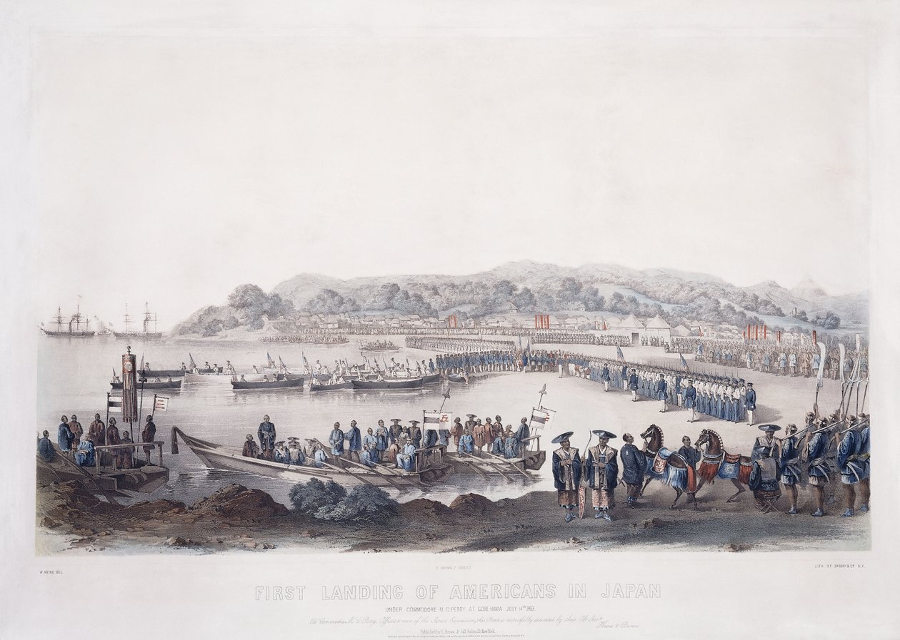 Pierwsze lądowanie Amerykanów w Japonii w Gore-Hama 14 lipca 1853 roku, autorstwa Peter Bernhard Wilhelm Heine