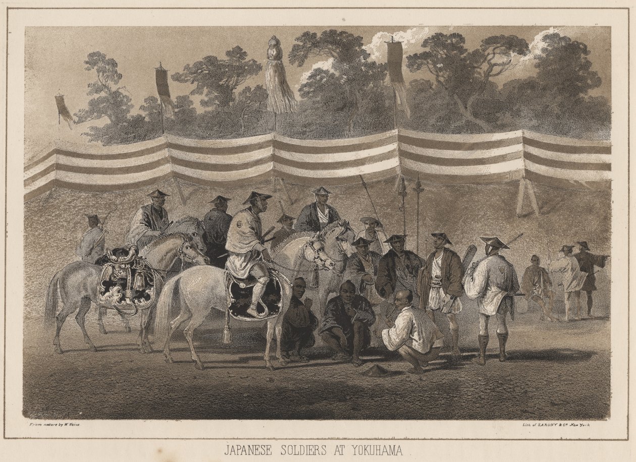 Żołnierze japońscy w Yokuhamie, litografia Sarony und Co., 1855 (chromolitografia) autorstwa Peter Bernhard Wilhelm Heine
