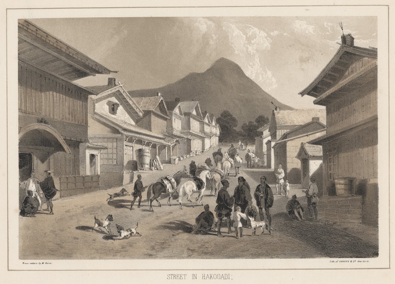 Ulica w Hakodadi, litho autorstwa Sarony und Co., 1855 (chromolitho) autorstwa Peter Bernhard Wilhelm Heine