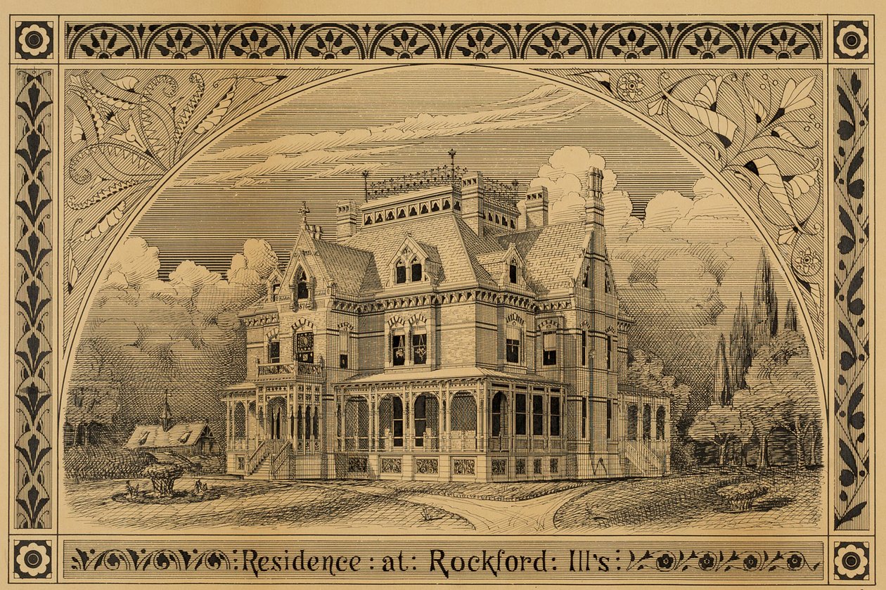 NC Thompson House, Rockford, Illinois, Perspektywa, 1876. autorstwa Peter Bonnett Wight