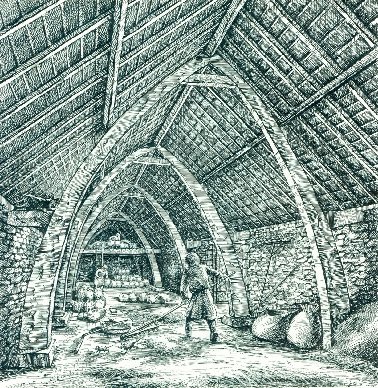 Średniowieczna stodoła plebania, Wharram Percy, North Yorkshire, c1988-c2005. autorstwa Peter Dunn