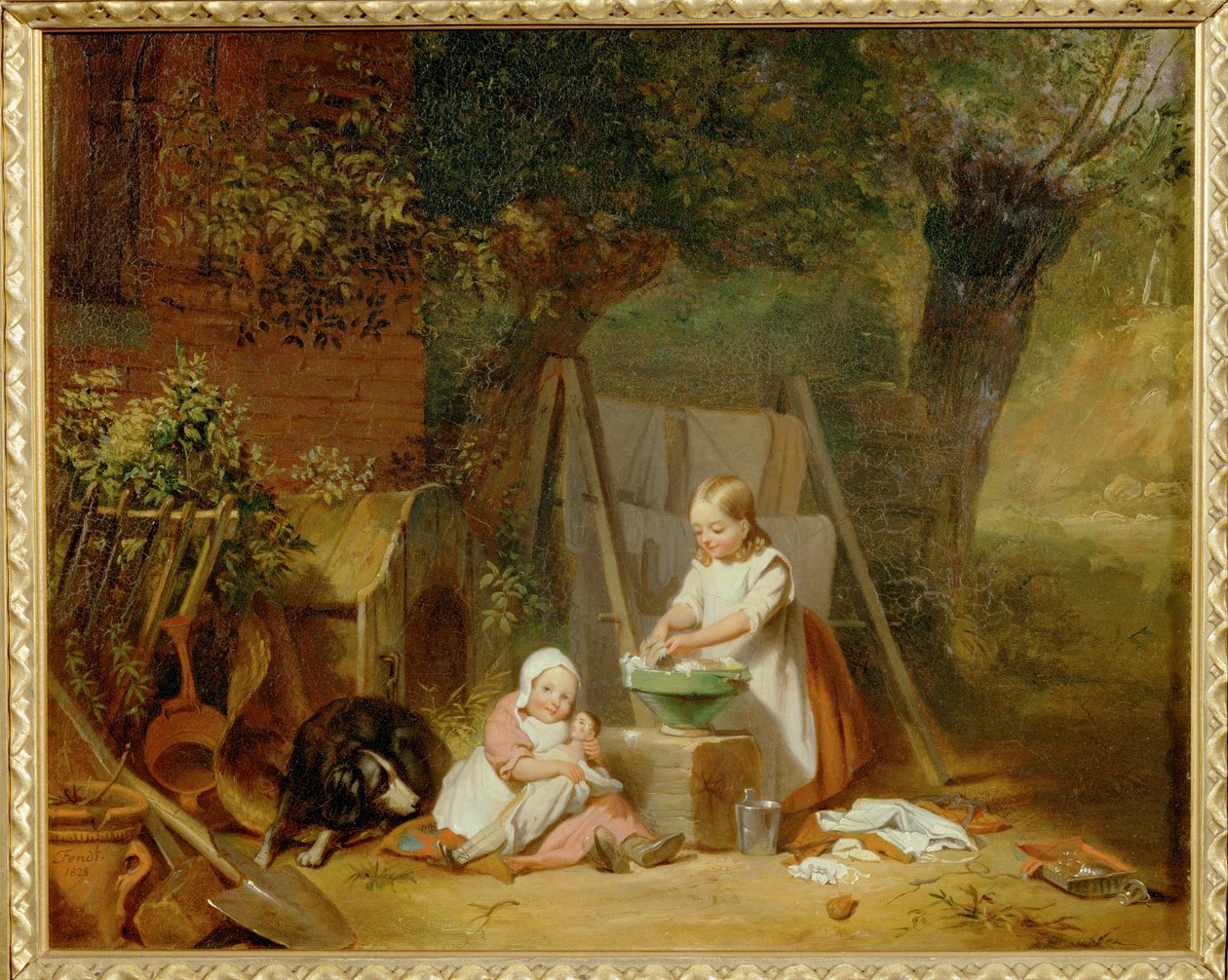 Die Puppenwaesche im Garten - Pranie dla lalek w ogrodzie ... (olej na drewnie) autorstwa Peter Fendi