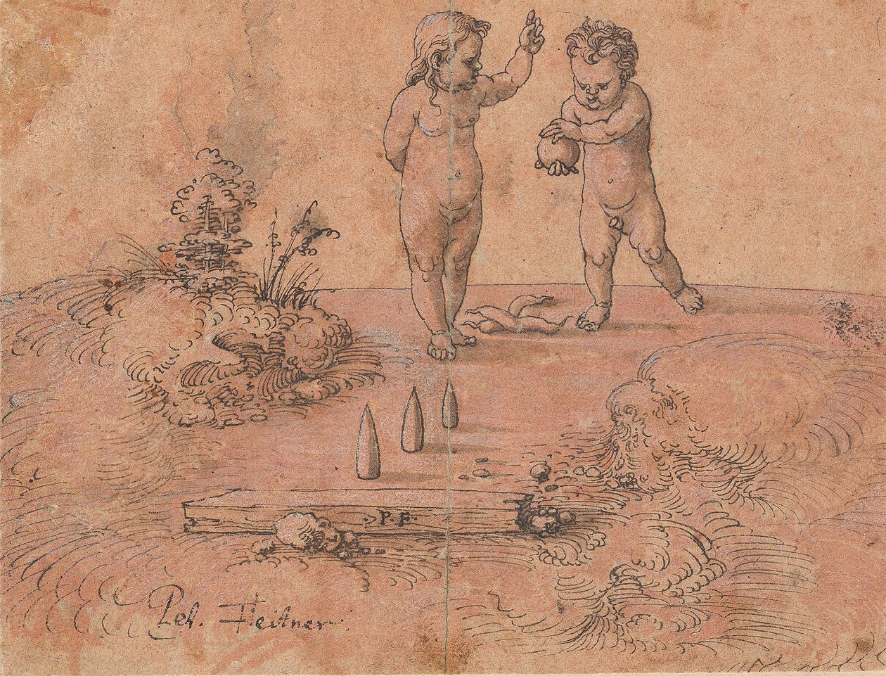 Dwoje dzieci bawiących się piłką, 1500-1546. autorstwa Peter Flötner