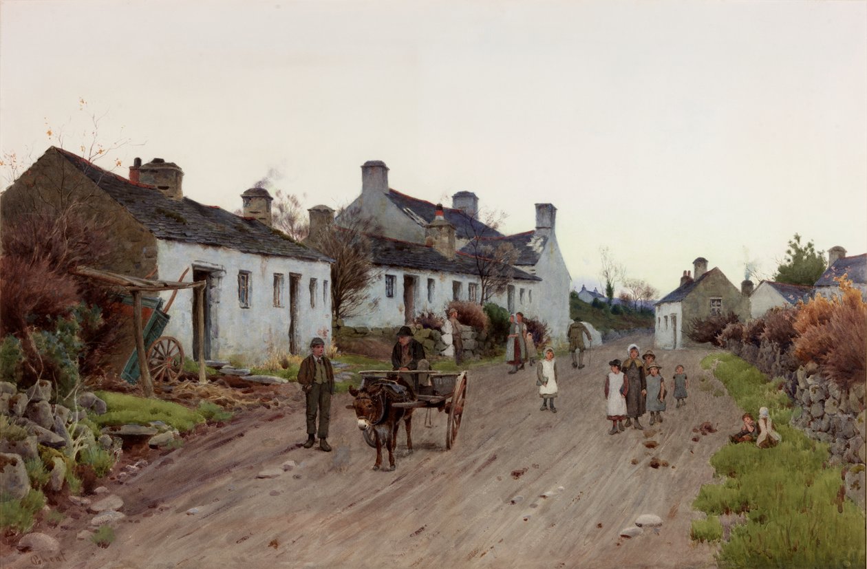 Walijska wioska – wieczór, ok. 1890-1910 (akwarela i gwasz) autorstwa Peter Ghent