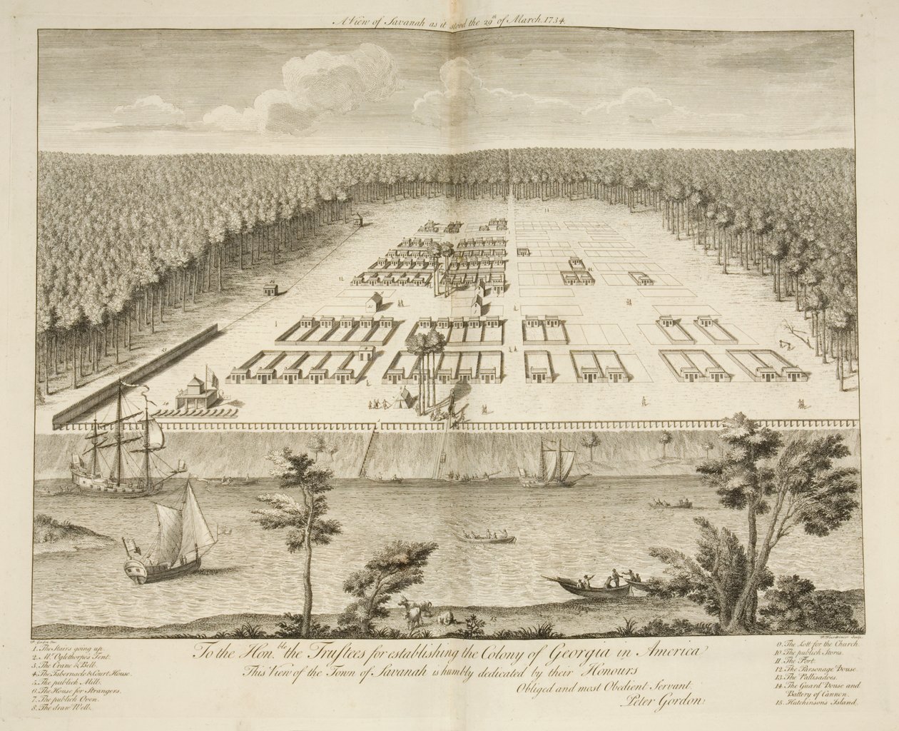 Widok Savannah w stanie, w jakim znajdowała się 29 marca 1734 r., rycina P. Fourdrinier, Londyn, ok. 1735 r. (rycina) autorstwa Peter Gordon