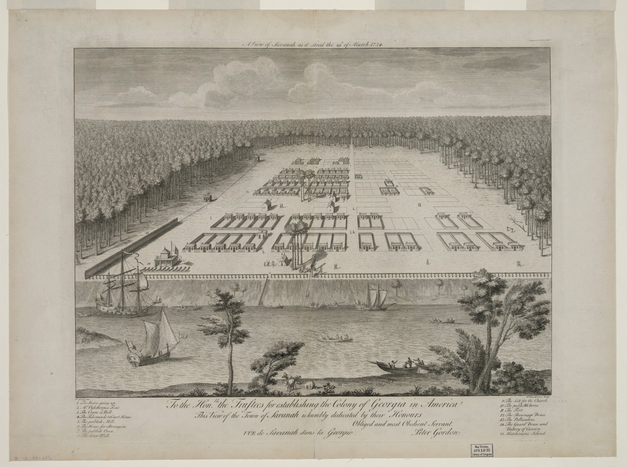 Widok Savannah w stanie, w jakim znajdowała się 29 marca 1734 r., rycina P. Fourdrinier, Londyn, ok. 1735 r. (rycina) autorstwa Peter Gordon