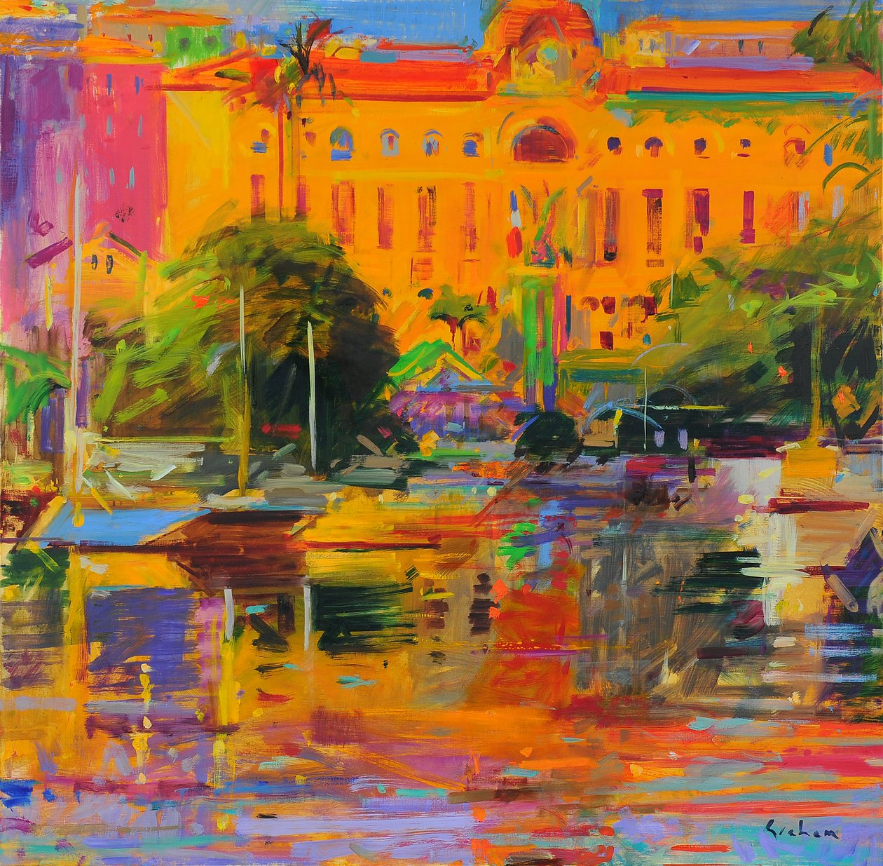 Riviera Reflections-Cannes, 2022 (olej na płótnie) autorstwa Peter Graham (Contemporary)