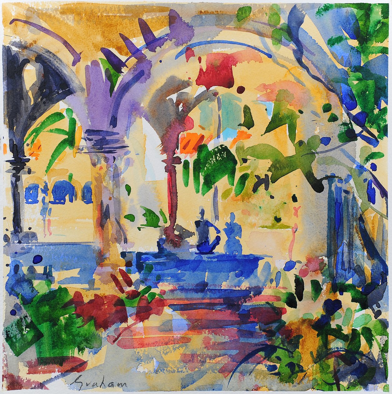 Stanford Cloisters, Kalifornia, 2022 (akwarela) autorstwa Peter Graham