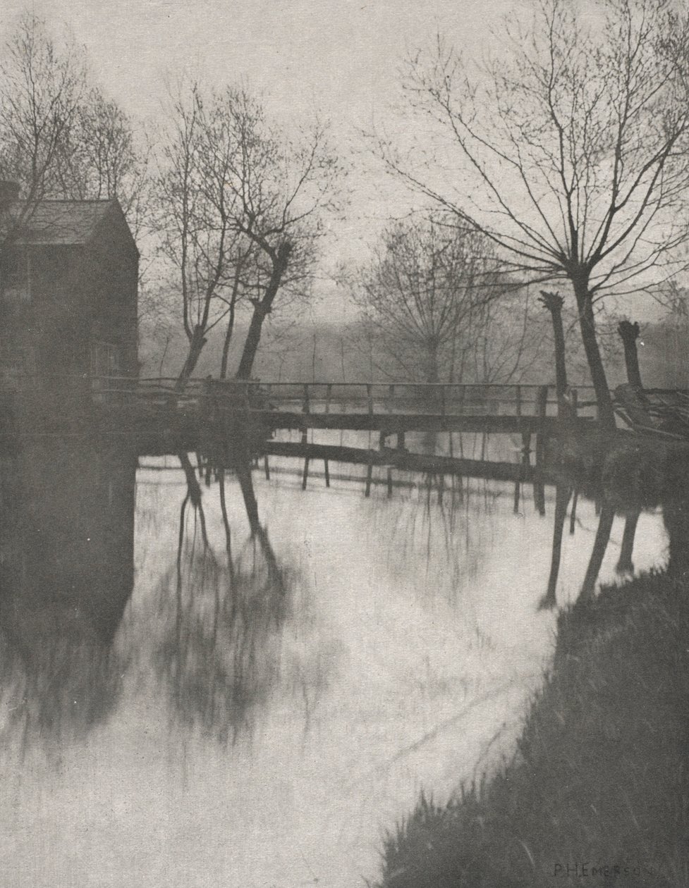 Kładka w pobliżu Chingford, z książki The Compleat Angler, 1888. autorstwa Peter Henry Emerson