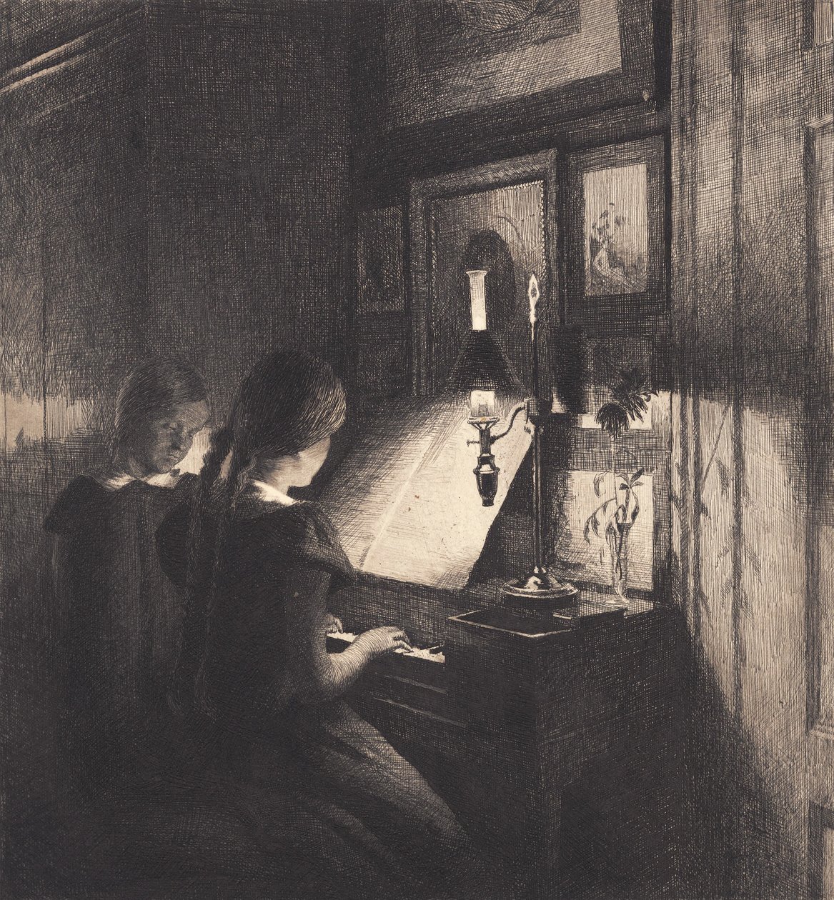 Dwie małe dziewczynki przy pianinie autorstwa Peter Vilhelm Ilsted