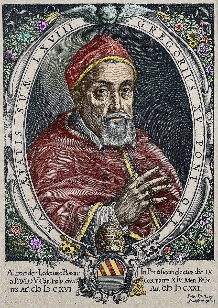 Przedstawienie papieża Grzegorza XV (Gregorio, Gregorius lub Gregory) (1554-1623) Rycina Piotra Isselburga - (Portret papieża Grzegorza XV (1554-1623), rycina Piotra Isselburga) Zbiory prywatne autorstwa Peter Isselburg