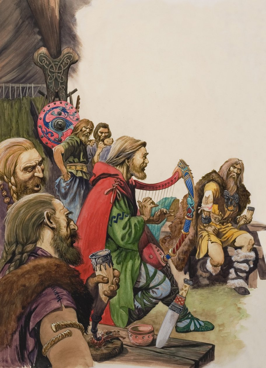 Alfred (849-899) przebrany za minstrela w obozie króla Guthruma (gwasz na papierze) autorstwa Peter Jackson