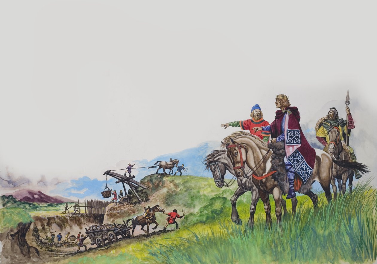 Król Offa (757-96) obserwujący budowę grobli (gwasz na papierze) autorstwa Peter Jackson