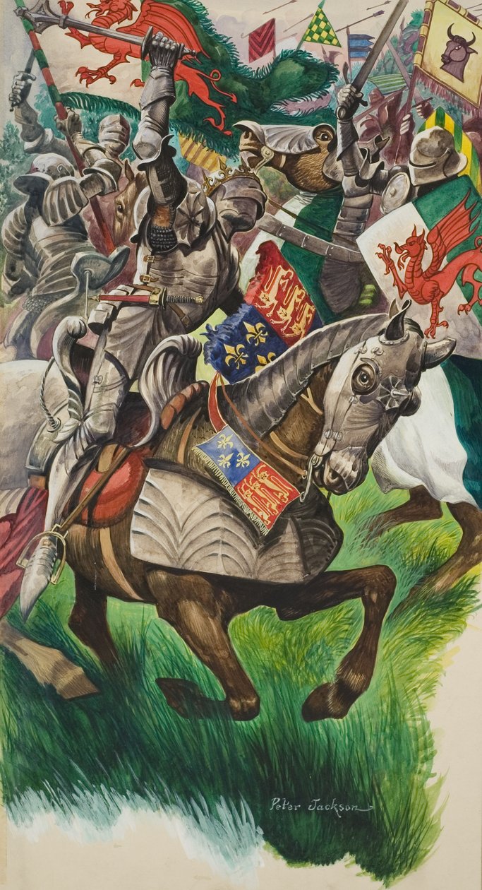 Król Ryszard (1452-85) i Henryk Tudor (1457-1509) na polu bitwy pod Market Bosworth w 1485 r. (gwasz na papierze) autorstwa Peter Jackson